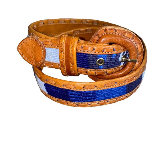 Stitched woven Genuine Leather retro boho indie Print Belt medium brown/blue main image 4